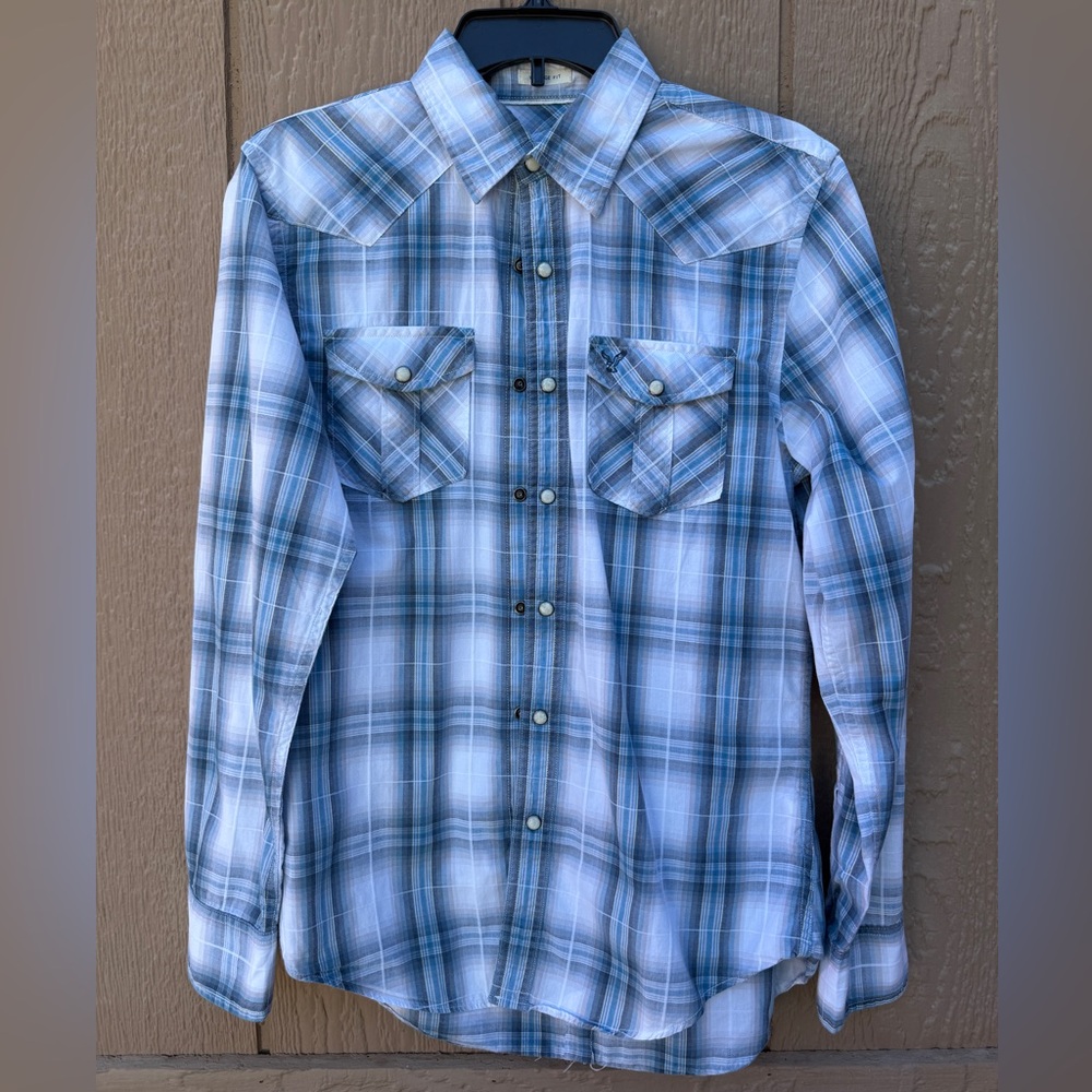 American Eagle Outfitters Light Blue Plaid Button-Down Shirt size S Y2K